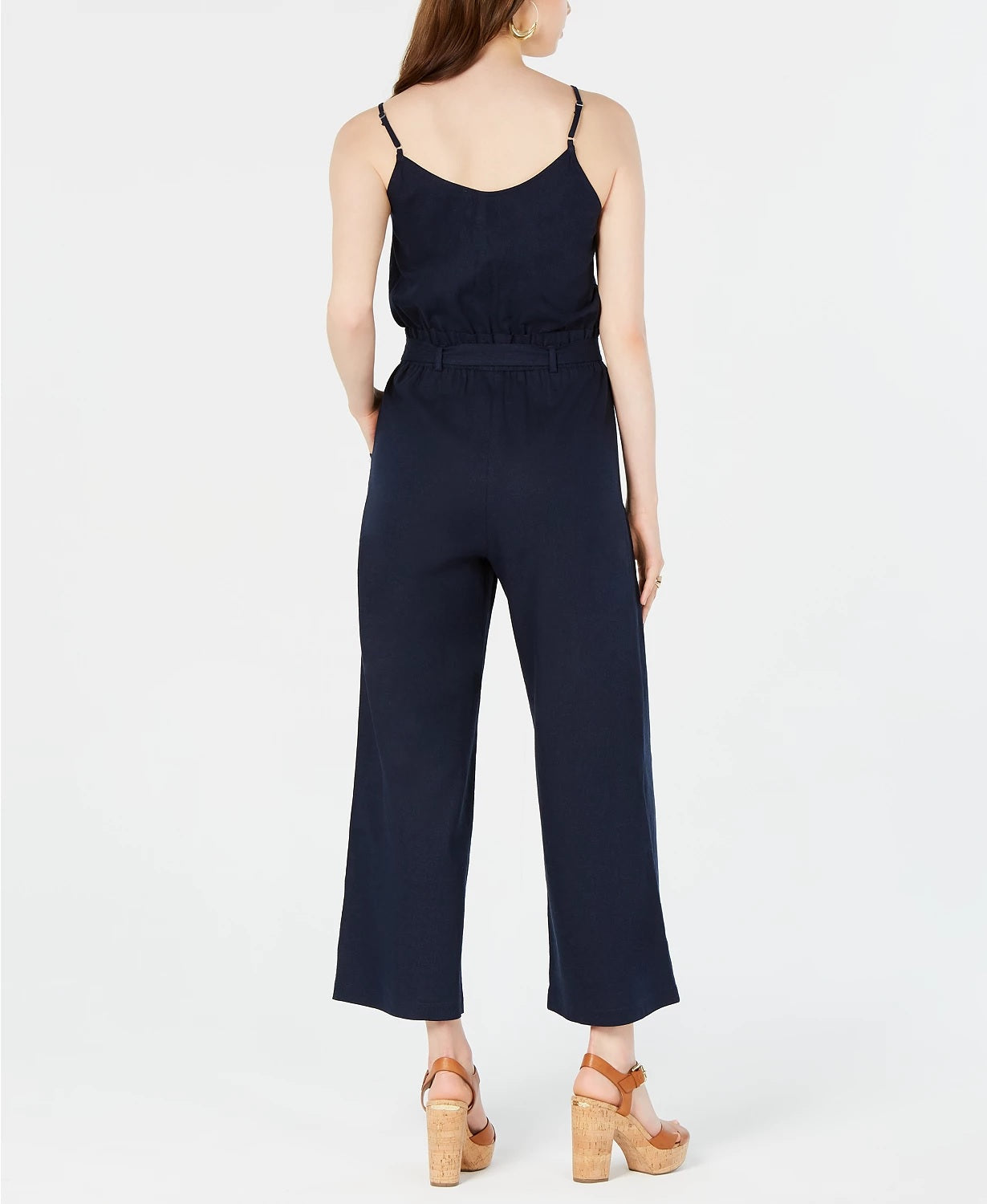 Monteau Women's Petite Paperbag-Waist Wide-Leg Jumpsuit Navy Size Petite Large
