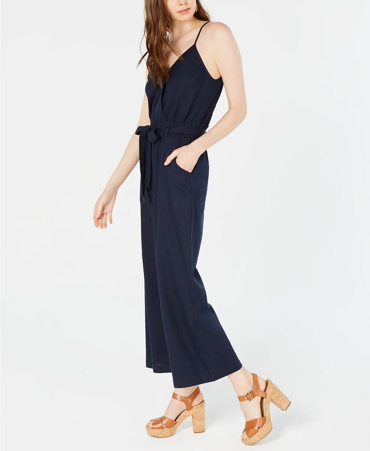Monteau Women's Petite Paperbag-Waist Wide-Leg Jumpsuit Navy Size Petite Large