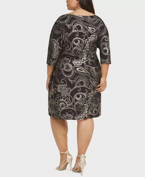 Robbie Bee Women's Plus Size Foil-Print Side-Knot Dress Black Size Extra Large