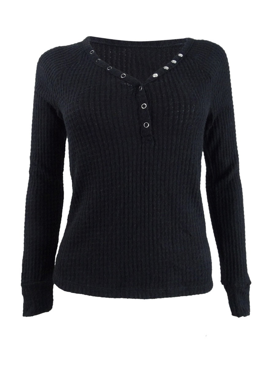 Ultra Flirt Juniors' Cozy Waffle-Knit Henley Top Black Size Medium
