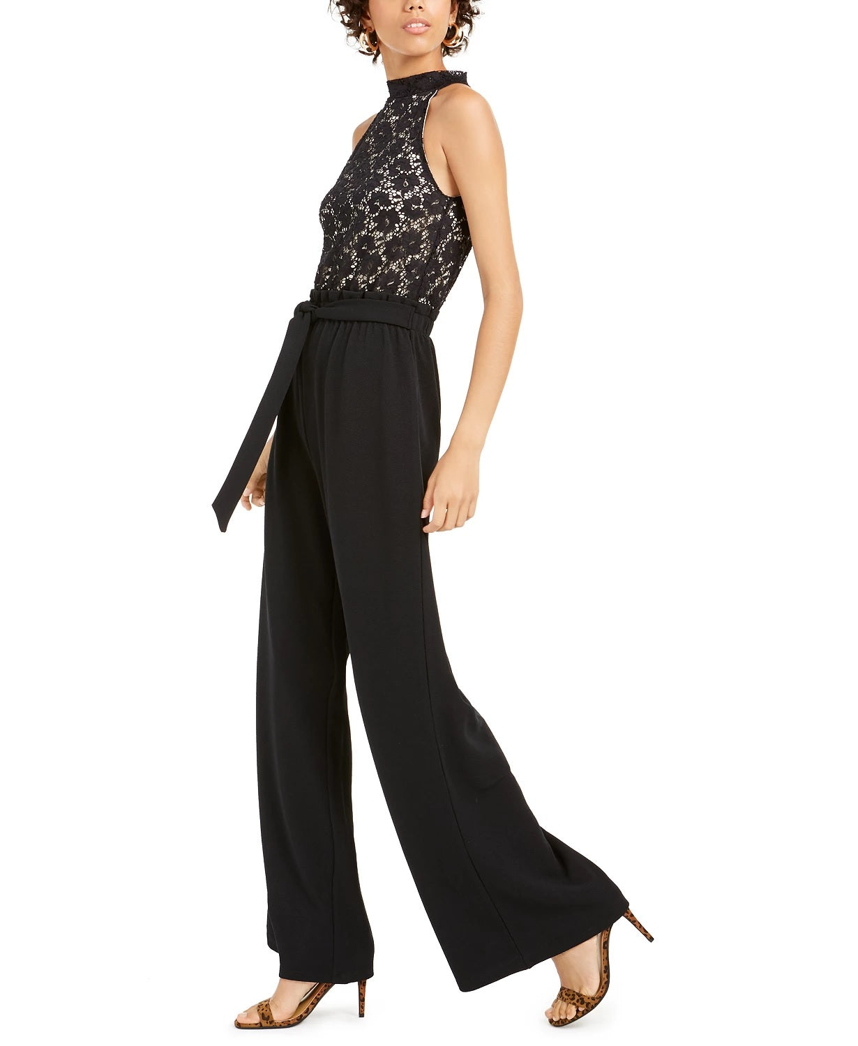 Ultra Flirt Junior's Lace Paperbag Waist Halter Jumpsuit Black Size Medium