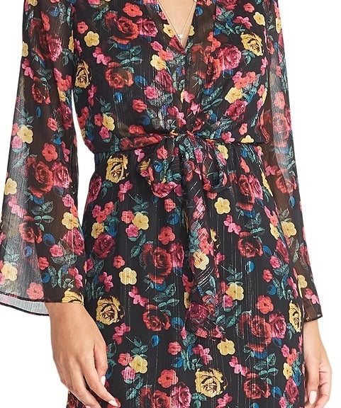 Rachel Roy Women's Tie-Waist Floral Print Dress Black Size Large