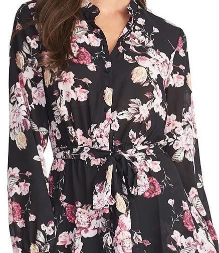 Rachel Roy Women's Ally Floral-Print Belted Shirtdress Black Size Small