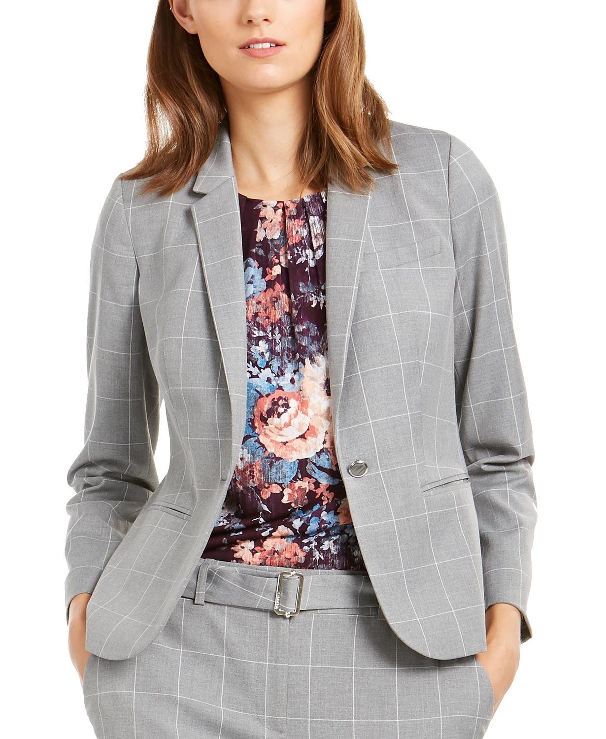 Calvin Klein Women's Windowpane Print Single Button Blazer Grey Size 6