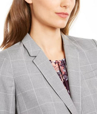 Calvin Klein Women's Windowpane Print Single Button Blazer Grey Size 6