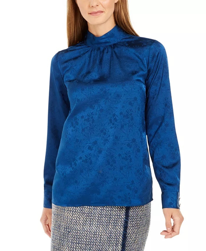 Calvin Klein Women's Printed Mock Neck Top Medium Blue Size Small