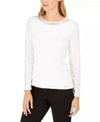 Calvin Klein Women's Embellished Neck Top White Size Medium