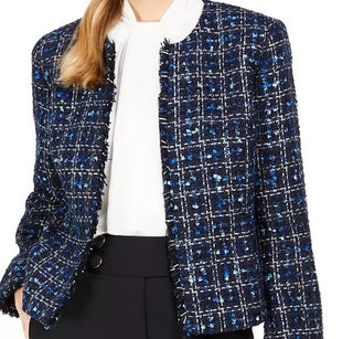 Calvin Klein Women's Tweed Frayed-Edge Jacket Blue Size 8
