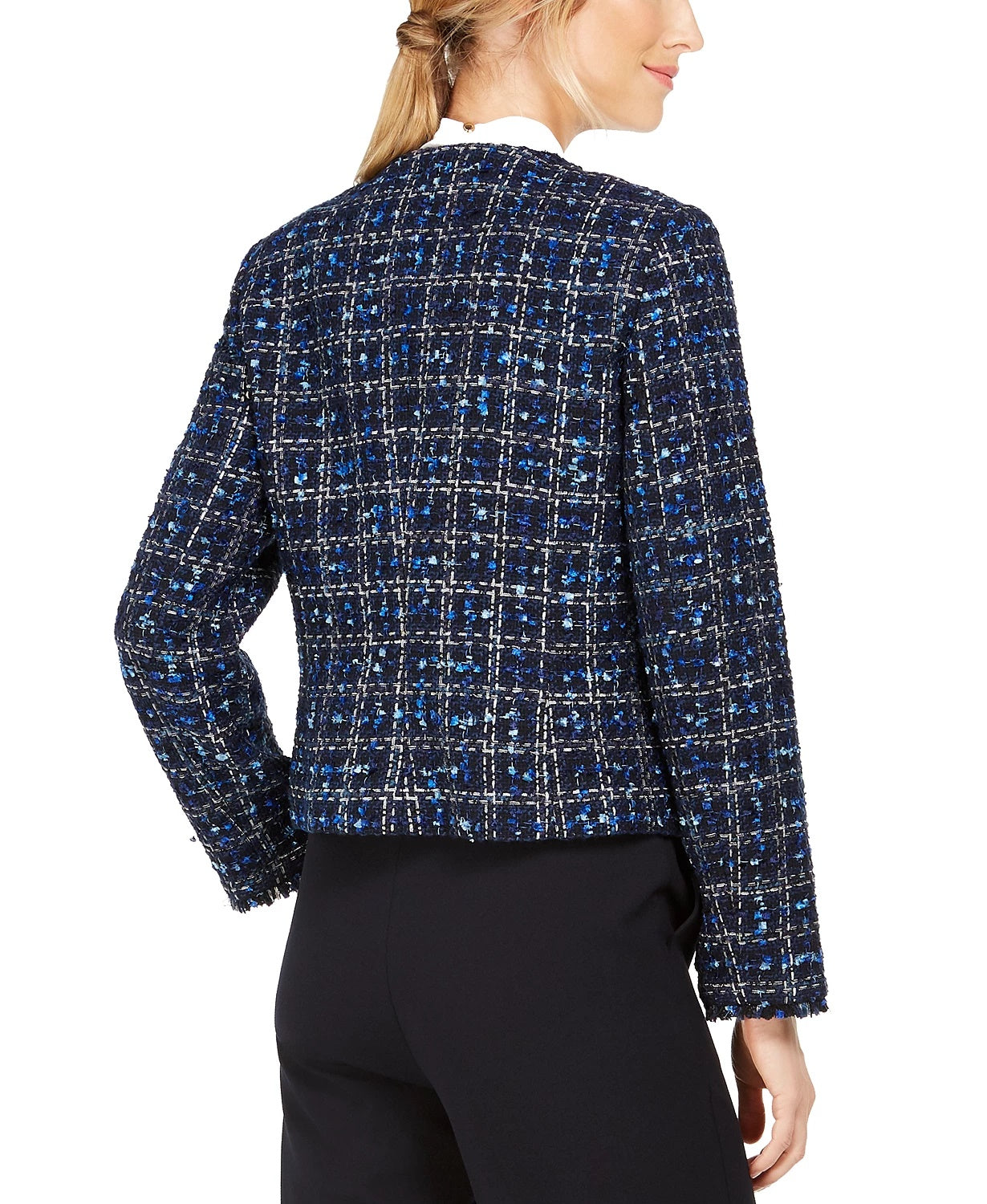 Calvin Klein Women's Tweed Frayed-Edge Jacket Blue Size 8
