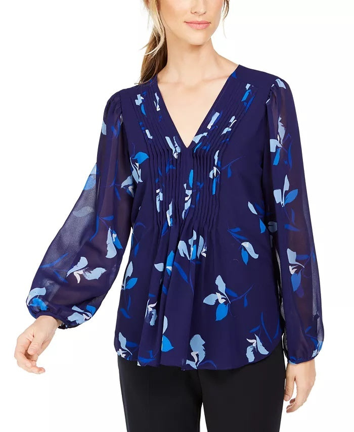 Calvin Klein Women's Floral Printed Pintuck-Pleated Blouse Blue Size Extra Small