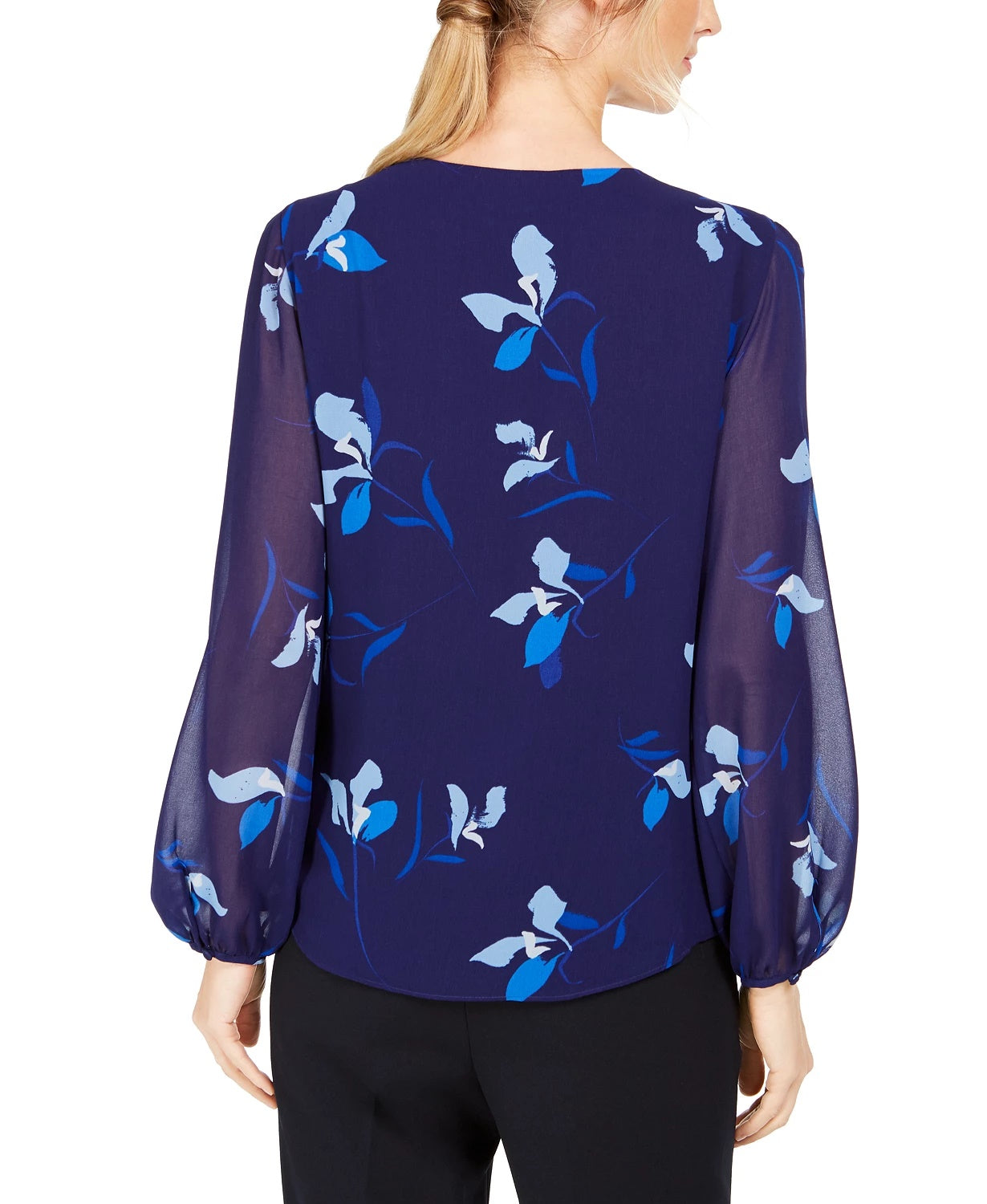 Calvin Klein Women's Floral Printed Pintuck-Pleated Blouse Blue Size Extra Small