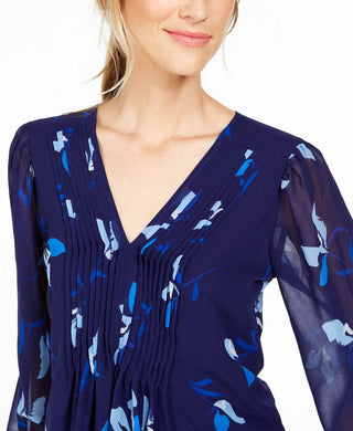 Calvin Klein Women's Floral Printed Pintuck-Pleated Blouse Blue Size Extra Small