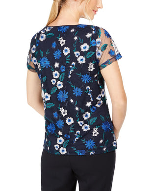 Calvin Klein Women's Floral Embroidered Mesh Top Blue Size Medium