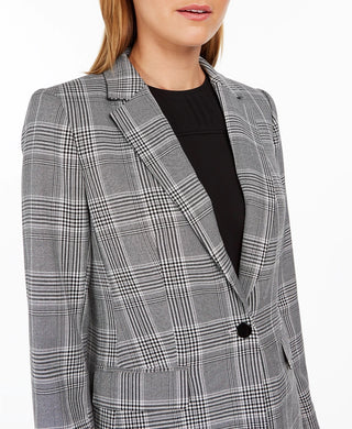 Calvin Klein Women's Plaid One-Button Blazer Silver Size 10
