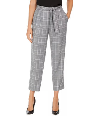 Calvin Klein Women's Plaid Tie-Waist Pants Silver Size 8