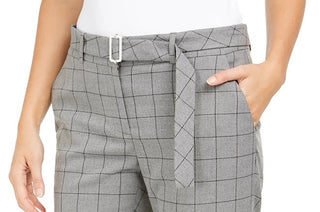 Calvin Klein Women's Windowpane-Print Belted Pants Gray Size 14