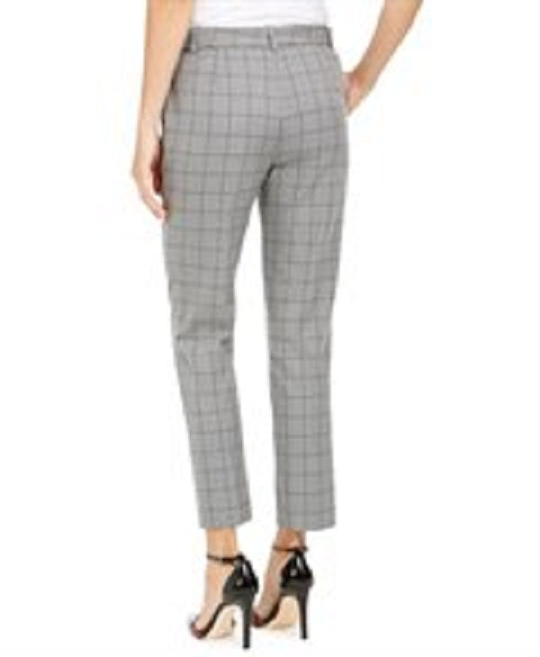 Calvin Klein Women's Windowpane-Print Belted Pants Gray Size 2