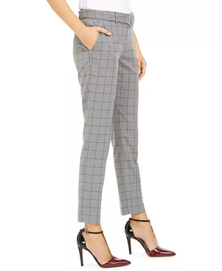 Calvin Klein Women's Windowpane-Print Belted Pants Gray Size 2