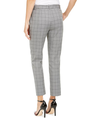 Calvin Klein Women's Windowpane Print Belted Pants Gray Size 8