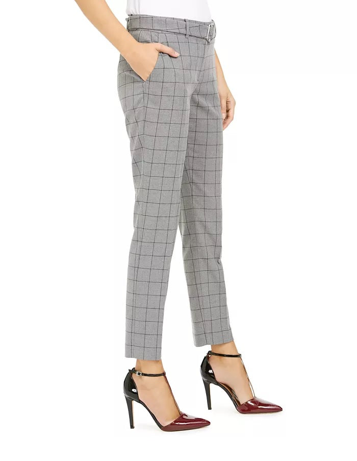 Calvin Klein Women's Windowpane Print Belted Pants Gray Size 8