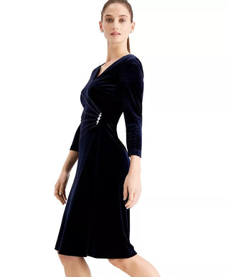 Connected Women's Velvet Rhinestone-Brooch Dress Navy Size 14