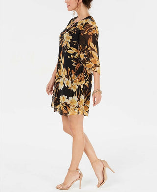 Connected Women's Floral Chiffon Keyhole Dress Dark Yellow Size 8 Petite