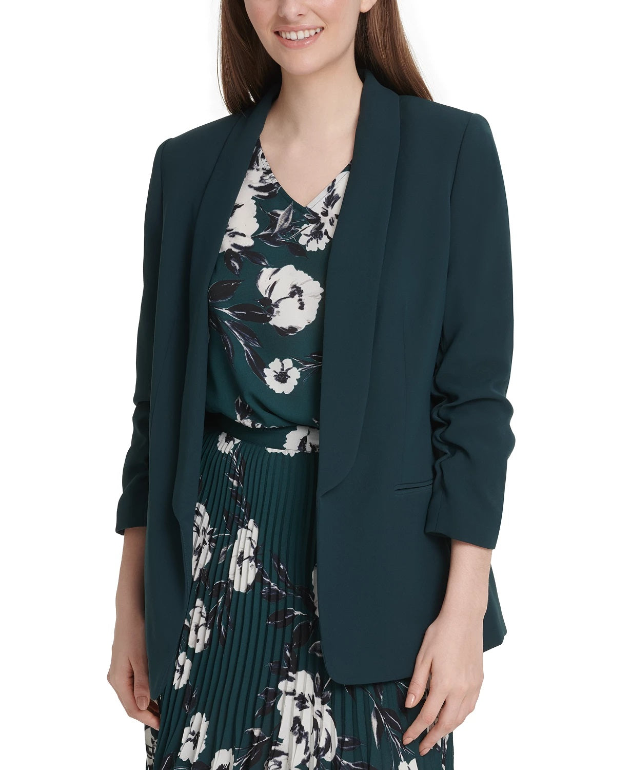 DKNY Women's Ruched-Sleeve Open-Front Blazer Green Size 8