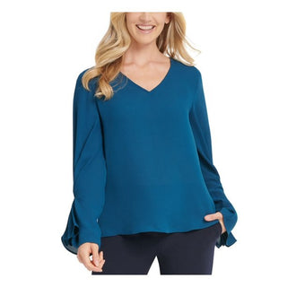 DKNY Women's Teal Gathered Long Sleeve V Neck Top Blue Size Medium