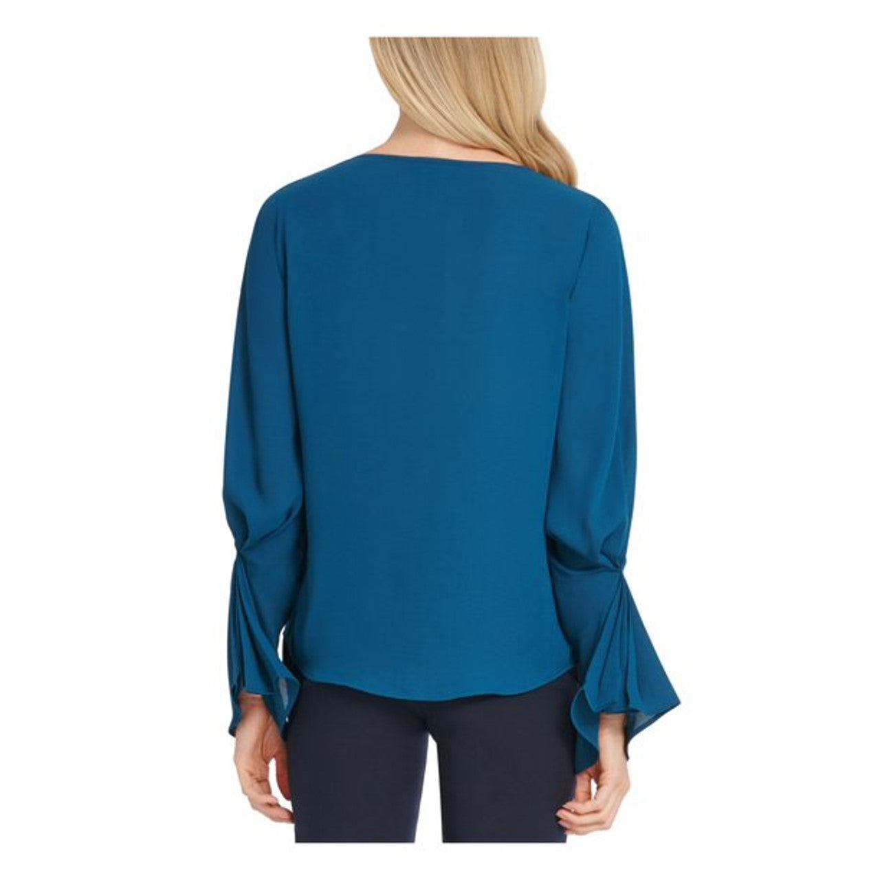 DKNY Women's Teal Gathered Long Sleeve V Neck Top Blue Size Medium