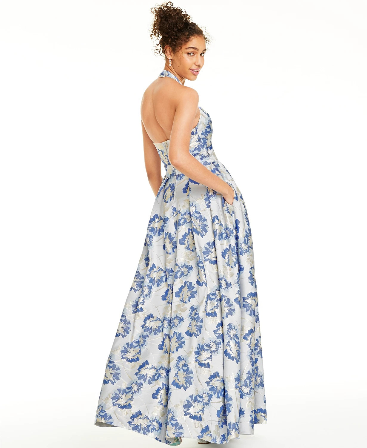 Speechless Junior's Metallic Floral Brocade Halter Gown Medium Blue Size 11