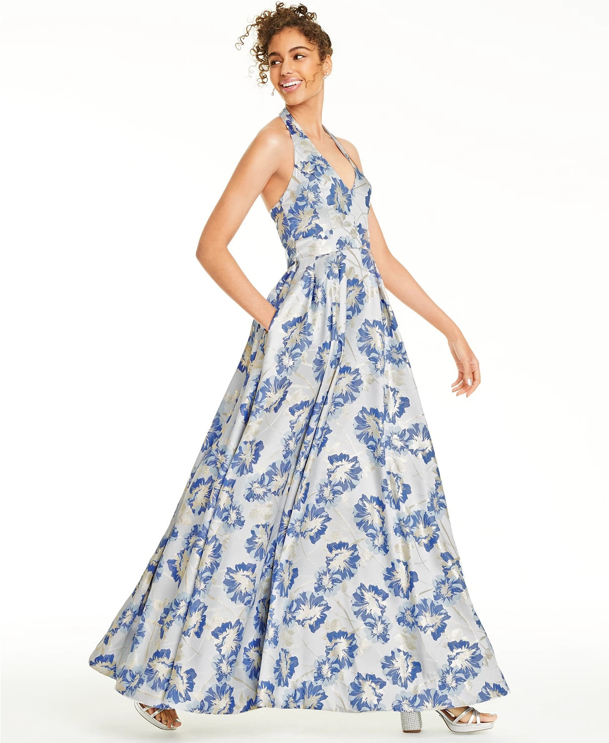 Speechless Junior's Metallic Floral Brocade Halter Gown Medium Blue Size 11