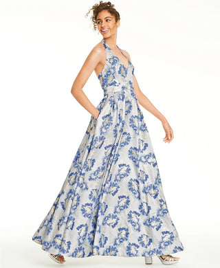 Speechless Junior's Metallic Floral Brocade Halter Gown Medium Blue Size 11