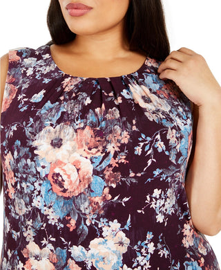 Calvin Klein Women's Plus Size Plaid Pleated-Neck Top Purple Size 1X