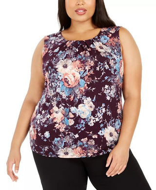 Calvin Klein Women's Plus Size Plaid Pleated-Neck Top Purple Size 1X