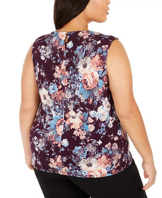 Calvin Klein Women's Plus Size Plaid Pleated-Neck Top Purple Size 1X