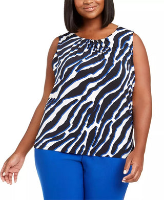 Calvin Klein Women's Plus Size Animal Printed Gathered-Neck Top Blue Size 2X