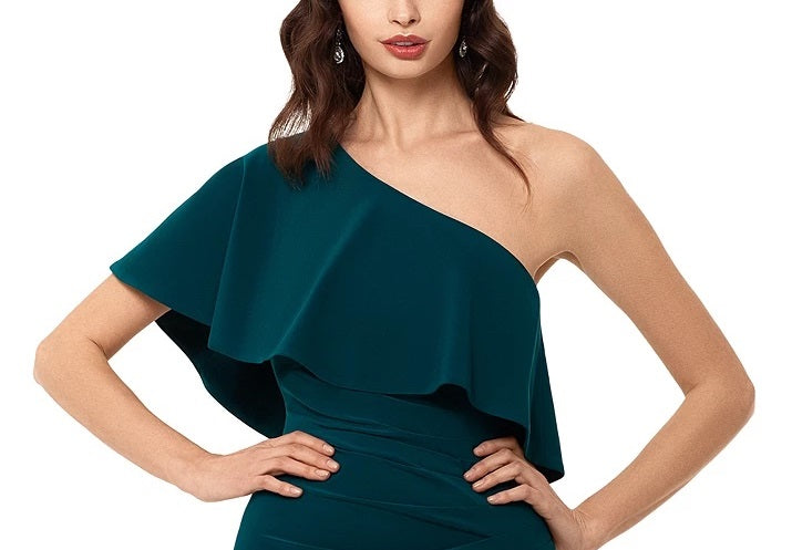 XSCAPE Women's One-Shoulder Ruffle Dress Med Green Size 12