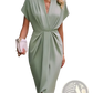 V Neck Flutter Sleeve Pleated Wrap Midi Dress