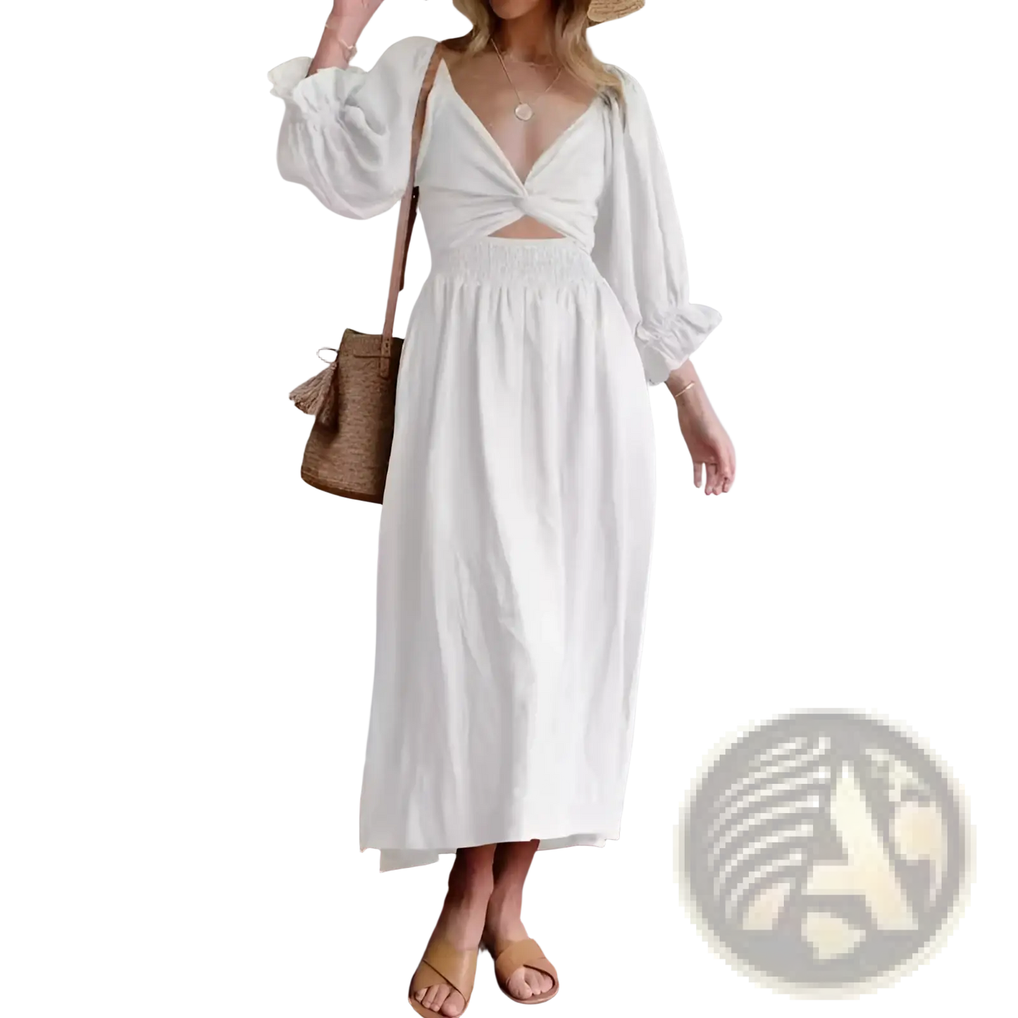 V-neck Lantern Sleeve Reversible Midi Dress