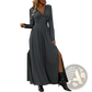 V Neck Long Sleeve Ruched Slit Maxi Dress