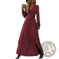 V Neck Long Sleeve Ruched Slit Maxi Dress