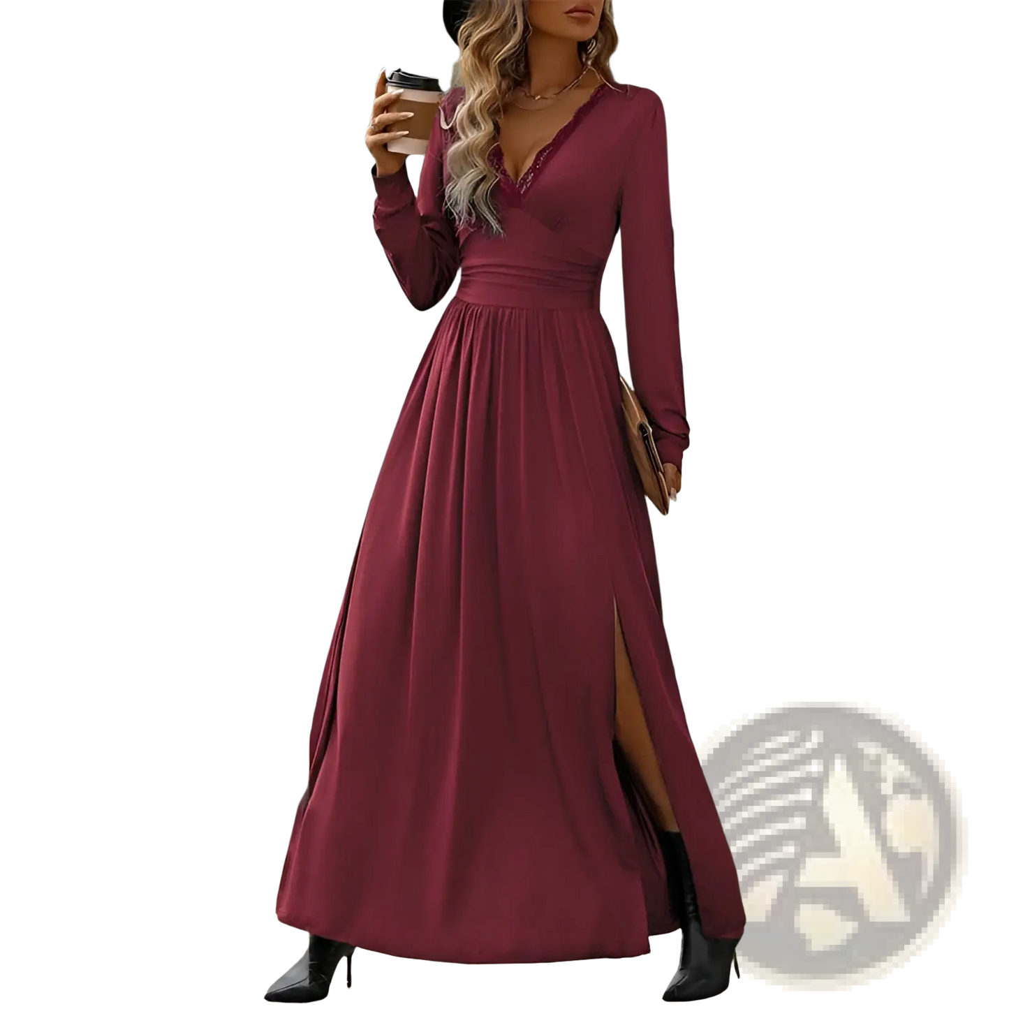 V Neck Long Sleeve Ruched Slit Maxi Dress