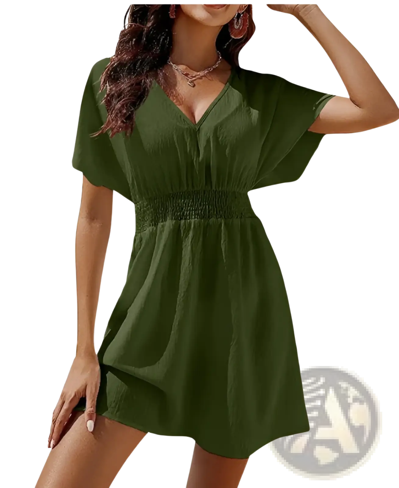 V-neck Short Sleeve Smocked Waist Chiffon Pleated Dress