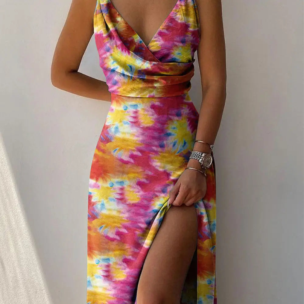 Satin v Neck High Slit Summer Maxi Dress