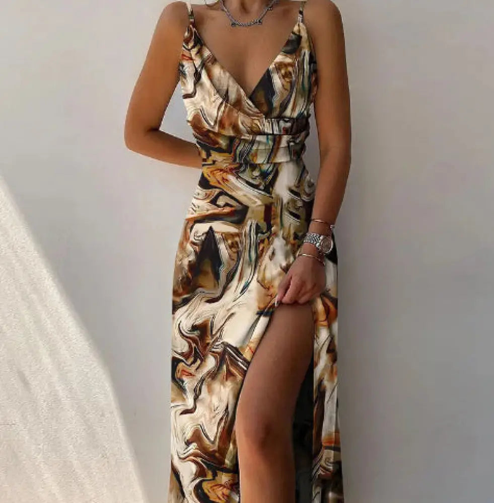 Satin v Neck High Slit Summer Maxi Dress