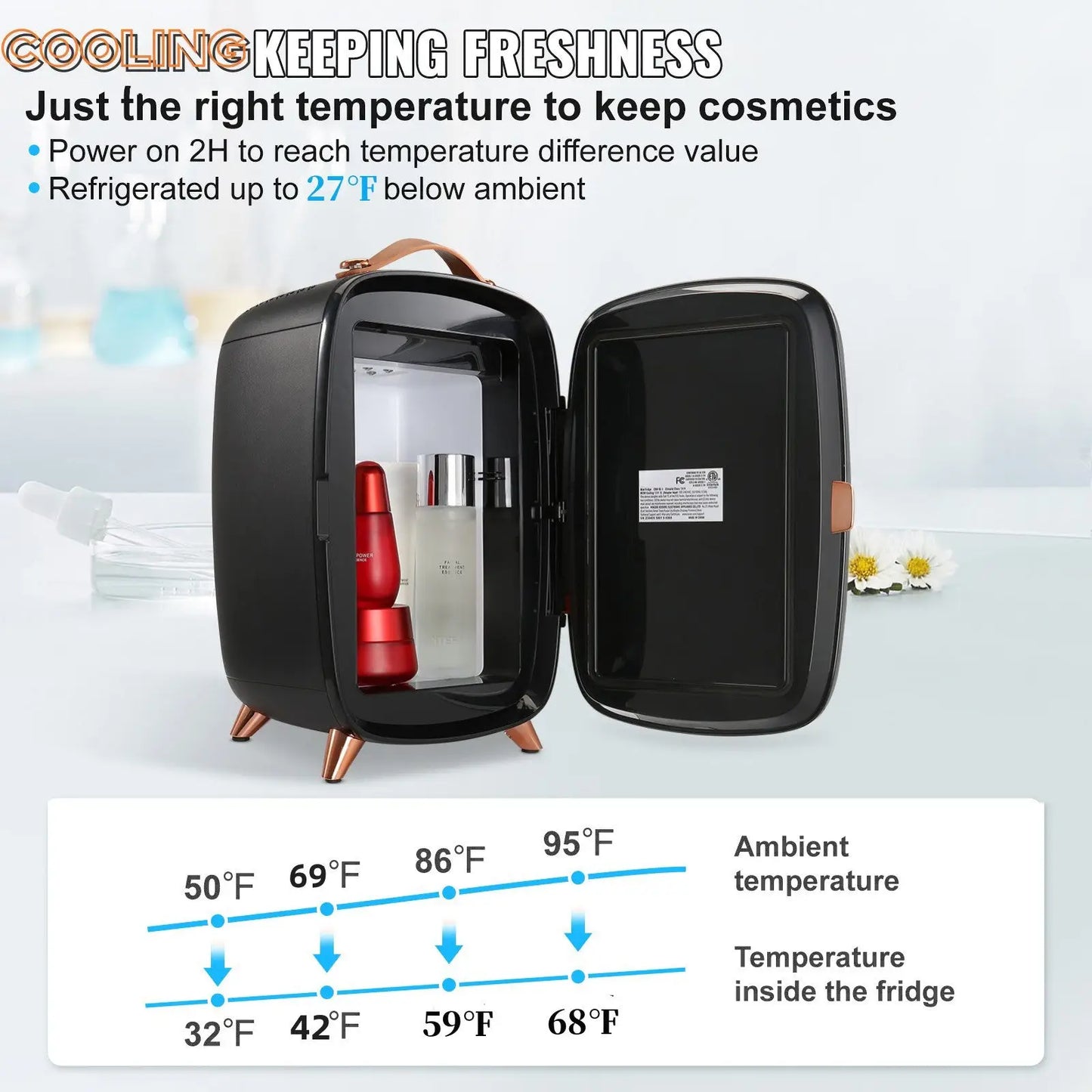 Vevor 6l Skincare Fridge with Led Mirror and Rose Gold Accents