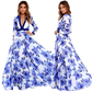 Vintage Blue Floral V-neck Maxi Dress with Navy Trim