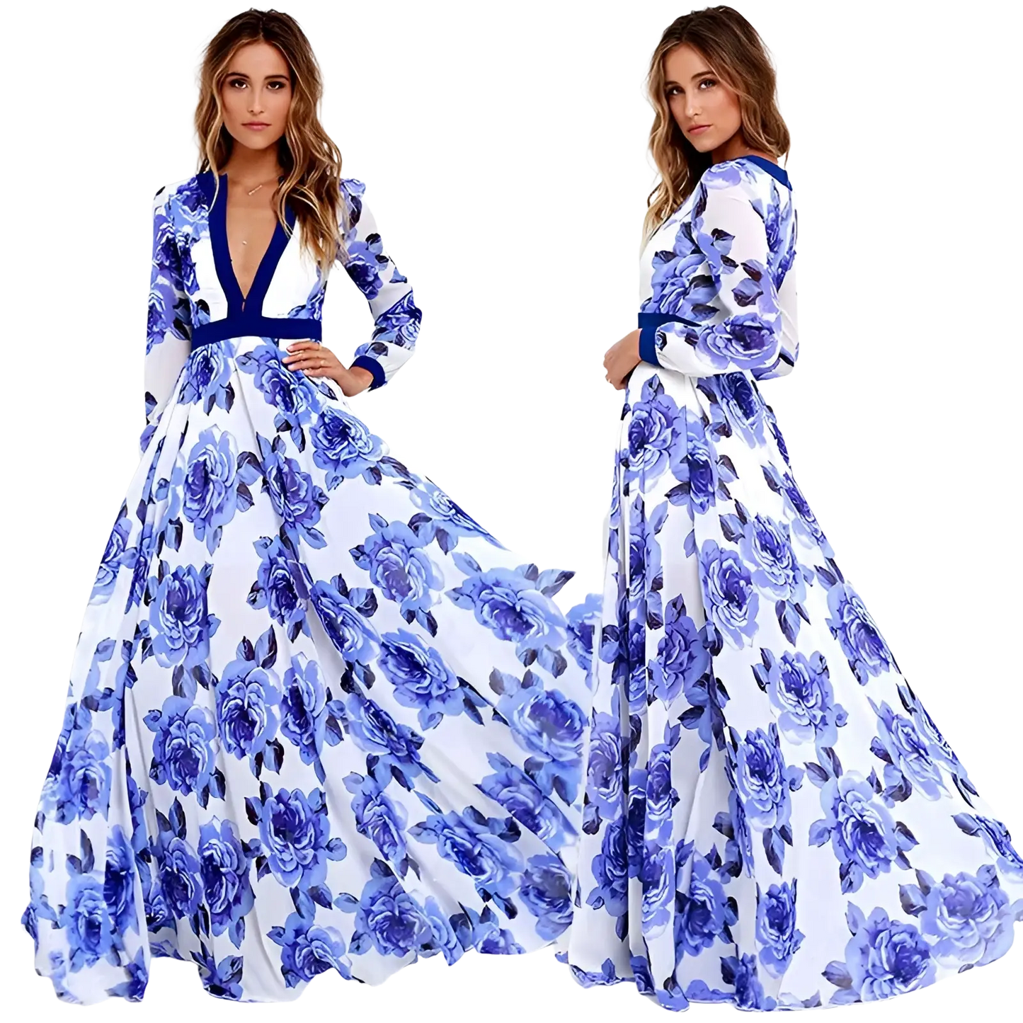 Vintage Blue Floral V-neck Maxi Dress with Navy Trim
