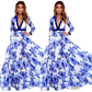 Vintage Blue Floral V-neck Maxi Dress with Navy Trim