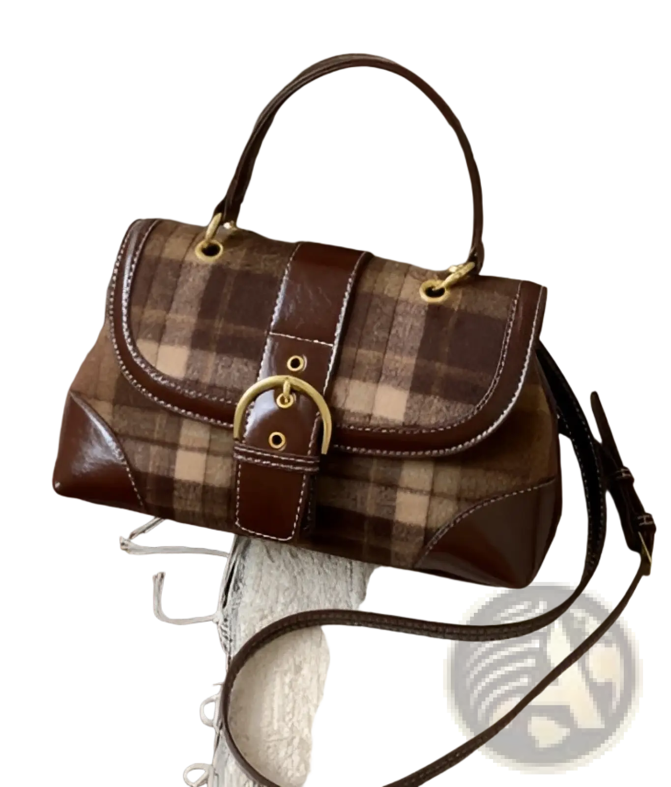 Vintage Plaid Crossbody Bag with Leather Trim